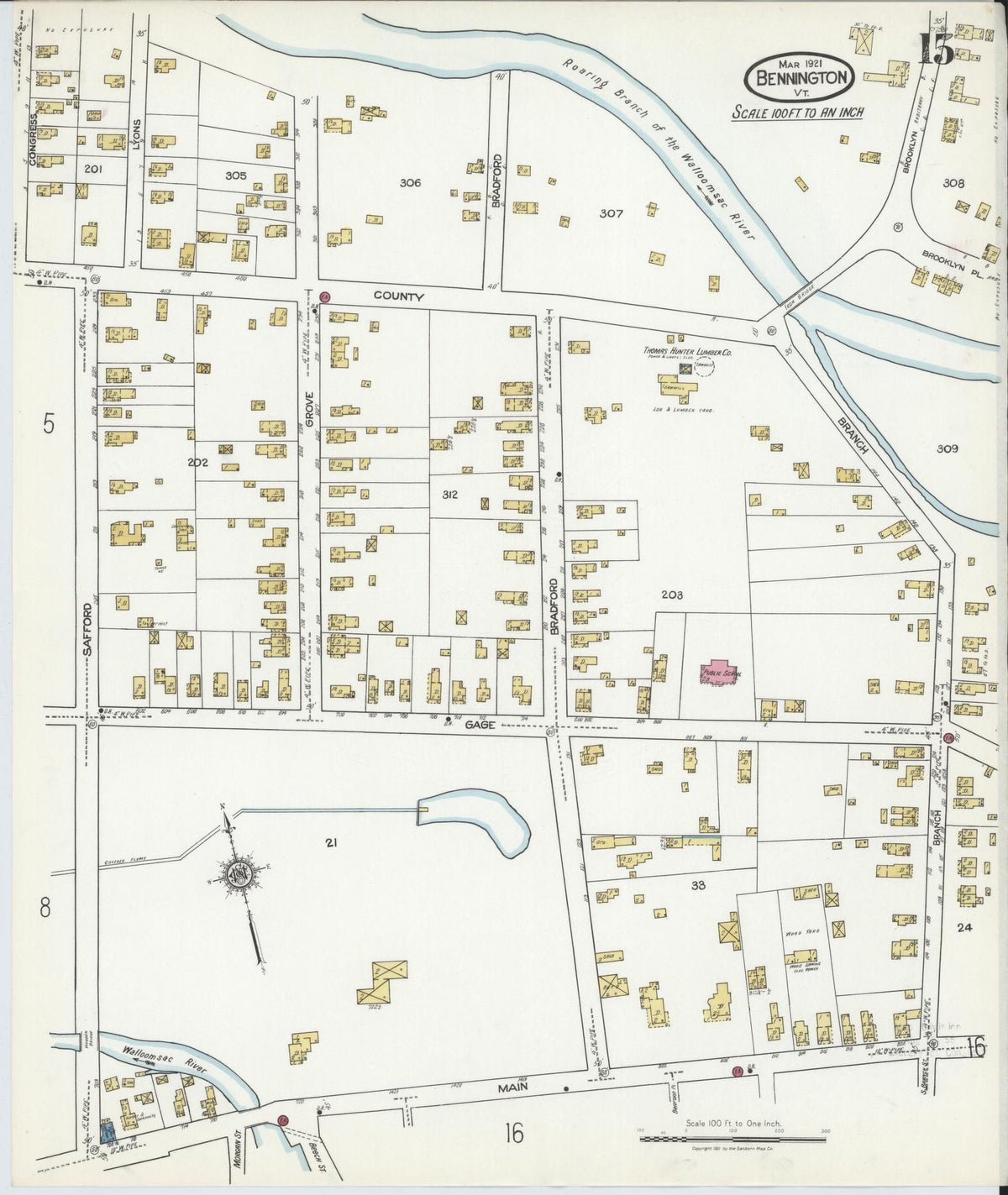 Sanborn Fire Insurance Map from Bennington, Bennington County, Vermont (1921), Sheet #0015 - Complete Map Set gallery image, historic Sanborn map, vintage wall art, Vermont Vermont