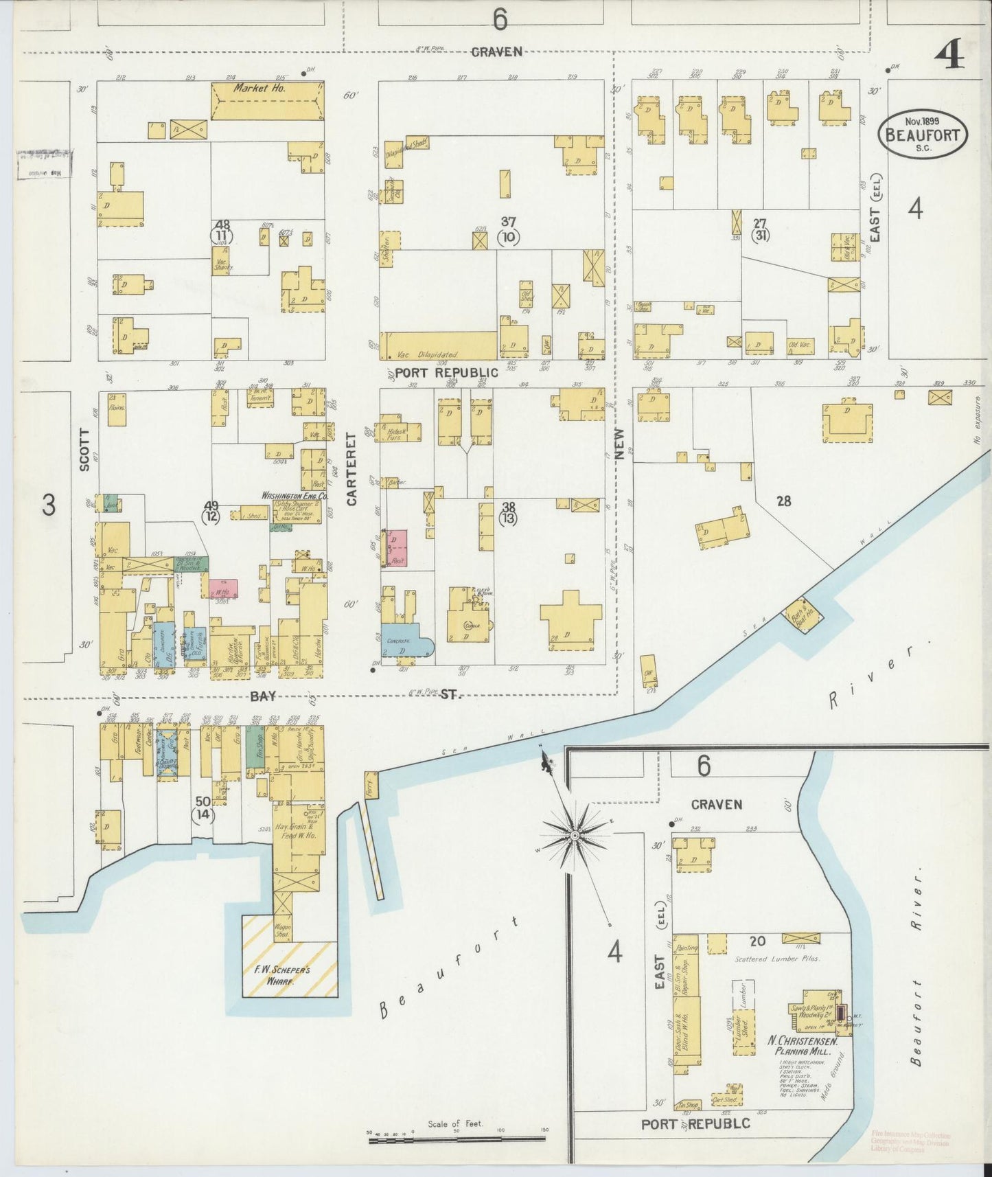 Sanborn Fire Insurance Map from Beaufort, Beaufort County, South Carolina (1899), Sheet #0004 - Complete Map Set gallery image, historic Sanborn map, vintage wall art, South Carolina South Carolina