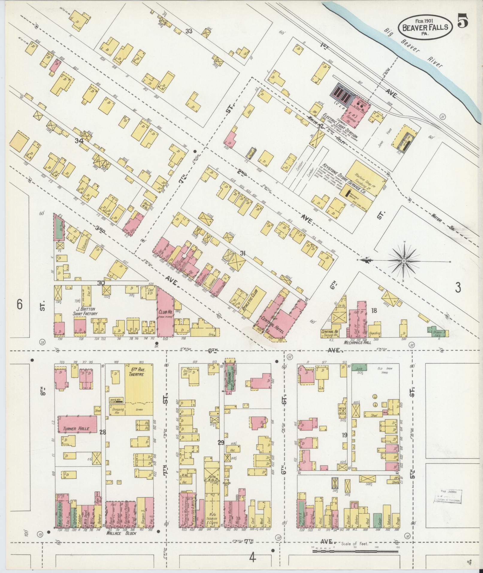 Sanborn Fire Insurance Map from Beaver Falls, Beaver County, Pennsylvania (1901), Sheet #0005 - Historic Sanborn Fire Insurance Map Print, vintage old map wall art, antique decor, genealogy gift, Pennsylvania Pennsylvania map