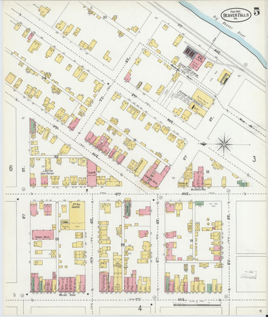 Sanborn Fire Insurance Map from Beaver Falls, Beaver County, Pennsylvania (1901), Sheet #0005 - Historic Sanborn Fire Insurance Map Print, vintage old map wall art, antique decor, genealogy gift, Pennsylvania Pennsylvania map