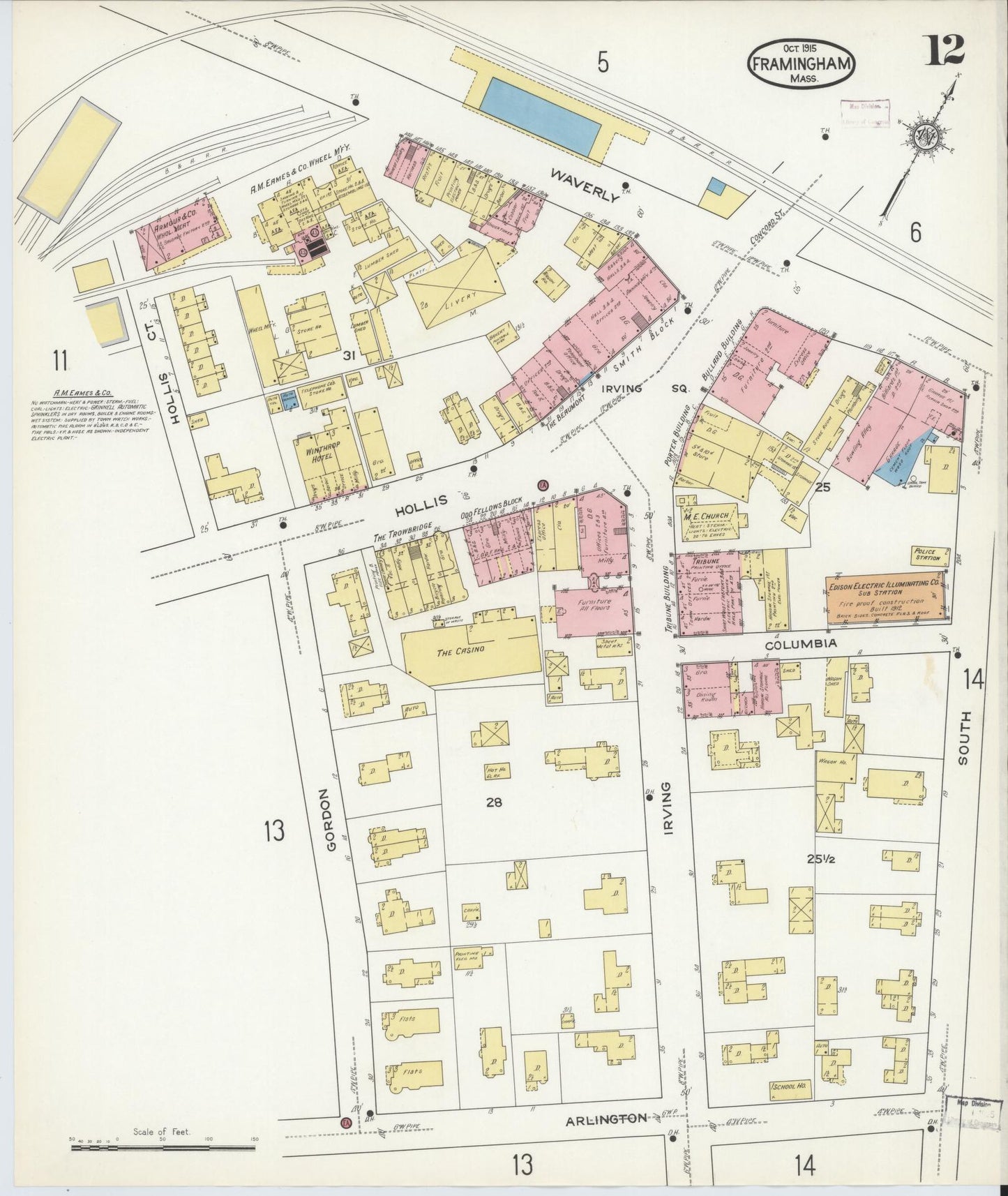 Sanborn Fire Insurance Map from Framingham, Middlesex County, Massachusetts (1915), Sheet #0012 - Complete Map Set gallery image, historic Sanborn map, vintage wall art, Massachusetts Massachusetts