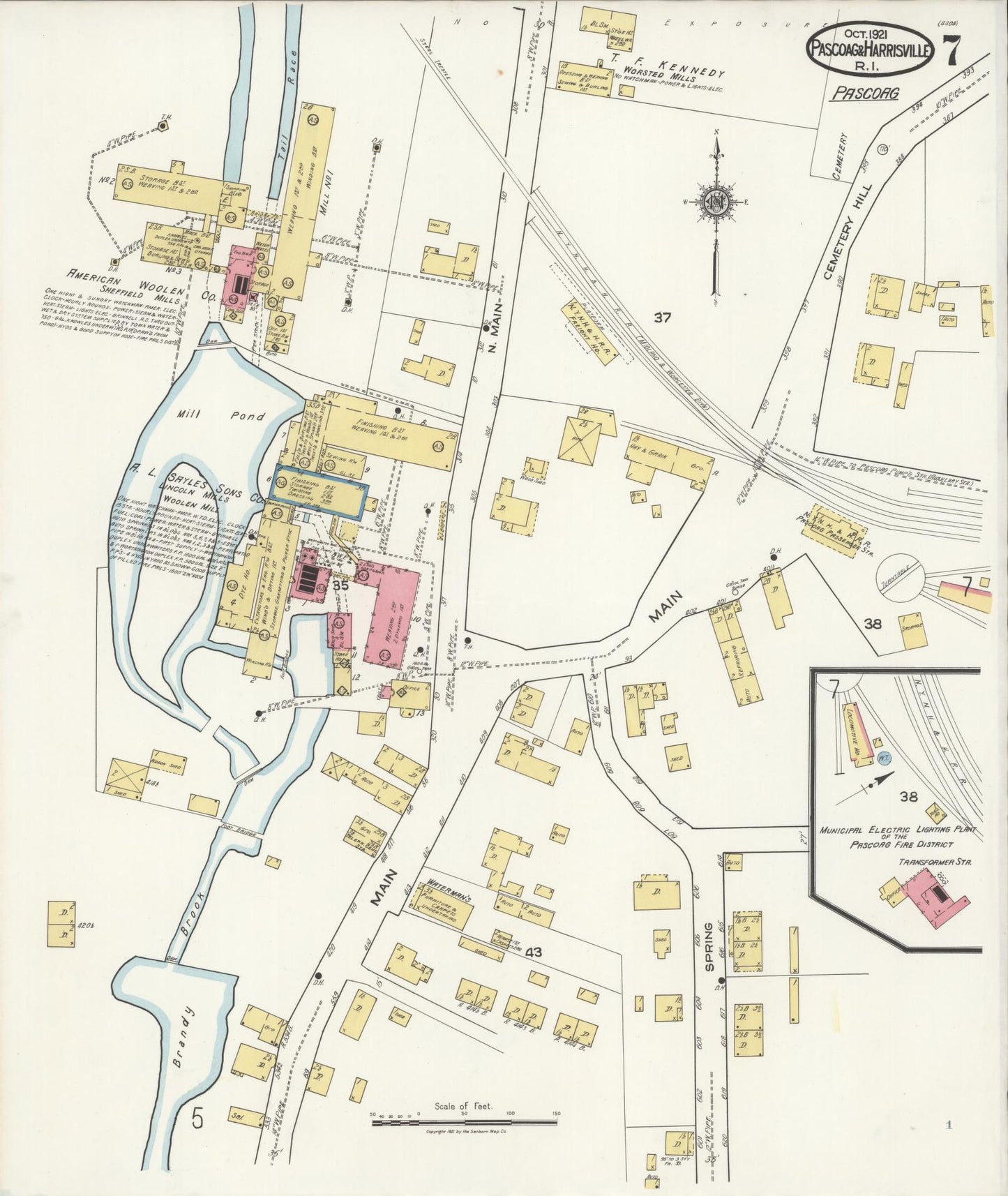 Sanborn Fire Insurance Map from Pascoag, Providence County, Rhode Island (1921), Sheet #0007 - Complete Map Set gallery image, historic Sanborn map, vintage wall art, Rhode Island Rhode Island