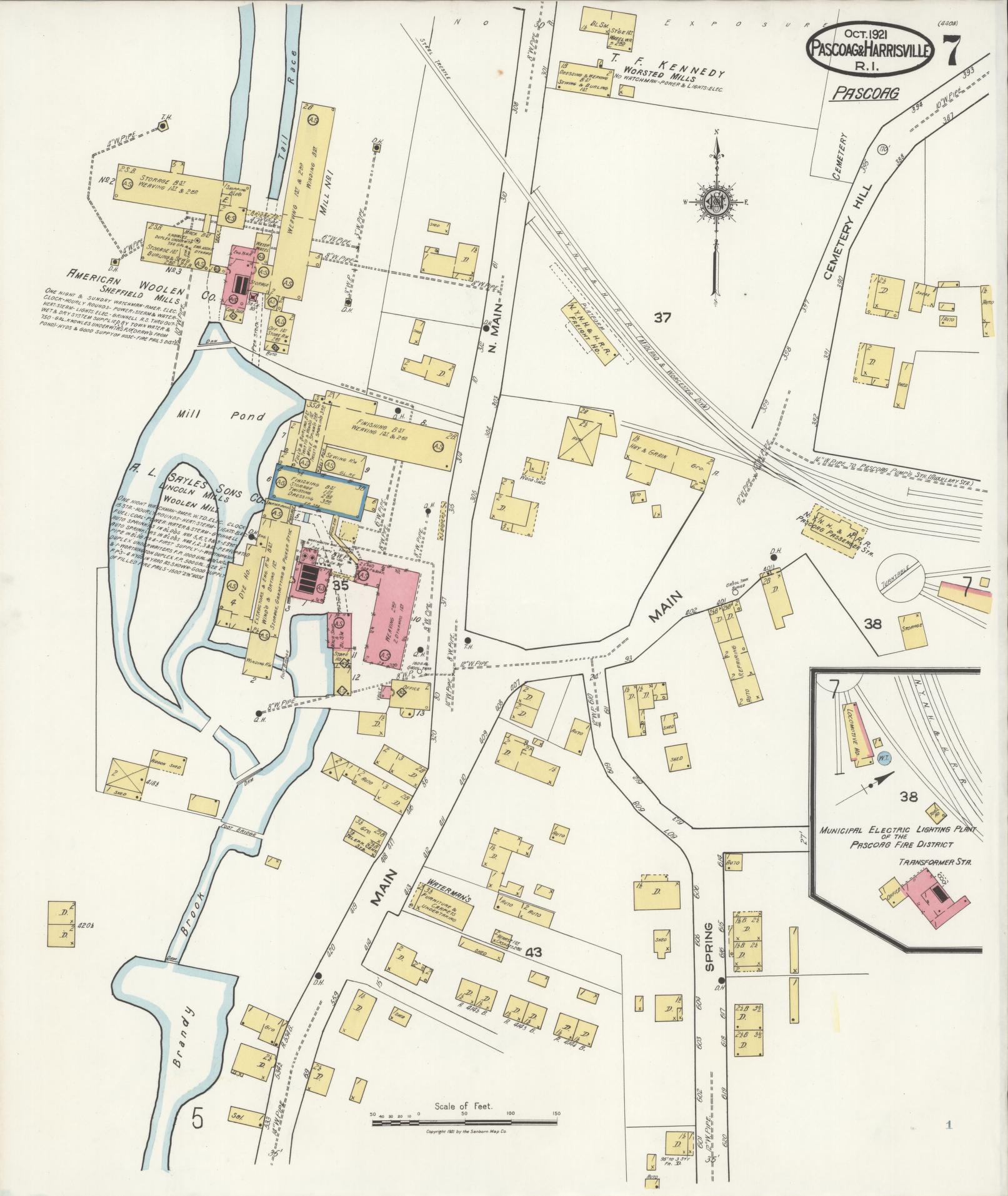 Sanborn Fire Insurance Map from Pascoag, Providence County, Rhode Island (1921), Sheet #0007 - Complete Map Set gallery image, historic Sanborn map, vintage wall art, Rhode Island Rhode Island