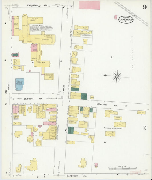 Sanborn Fire Insurance Map from Lakewood, Ocean County, New Jersey (1909), Sheet #0009 - Historic Sanborn Fire Insurance Map Print, vintage old map wall art, antique decor, genealogy gift, New Jersey New Jersey map