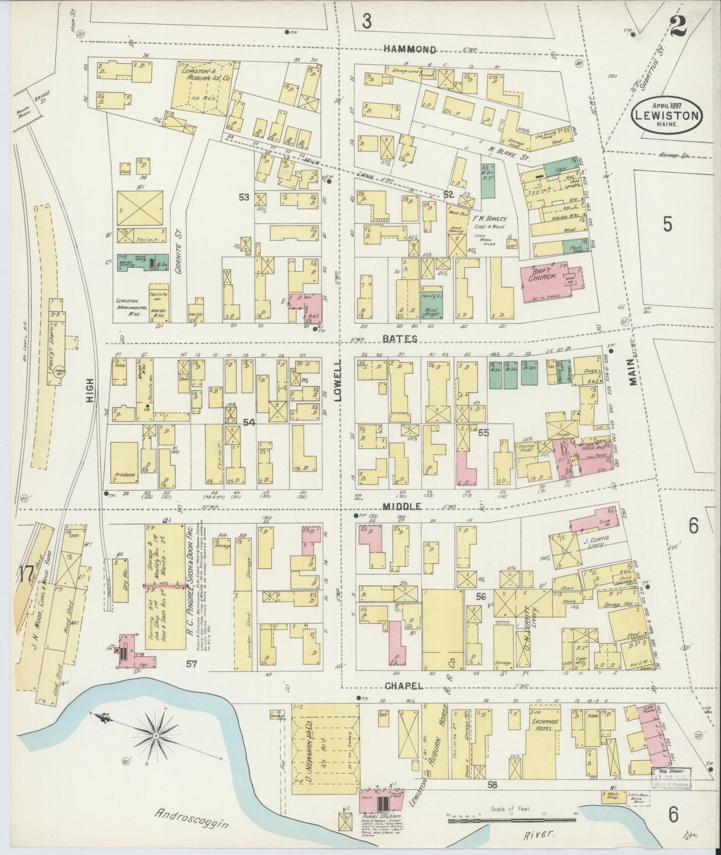 Sanborn Fire Insurance Map from Lewiston, Androscoggin County, Maine (1897), Sheet #0002 - Historic Sanborn Fire Insurance Map Print, vintage old map wall art, antique decor, genealogy gift, Maine Maine map