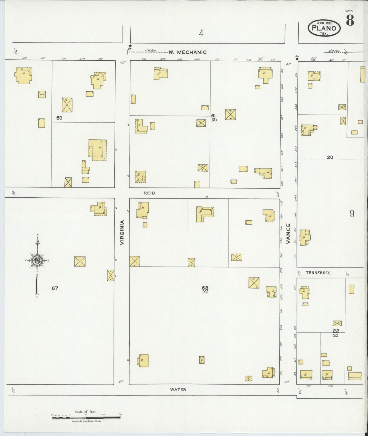Sanborn Fire Insurance Map from Plano, Collin County, Texas (1921), Sheet #0008 - Complete Map Set gallery image, historic Sanborn map, vintage wall art, Texas Texas