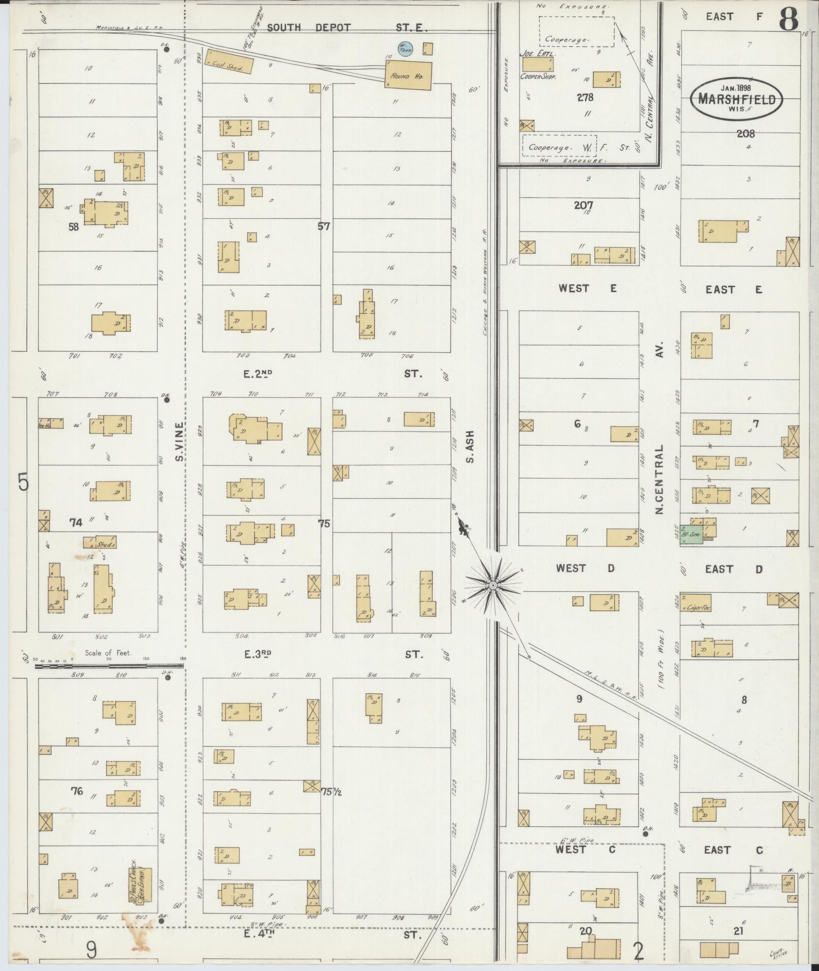 Sanborn Fire Insurance Map from Marshfield, Wood County, Wisconsin (1898), Sheet #0008 - Historic Sanborn Fire Insurance Map Print, vintage old map wall art, antique decor, genealogy gift, Wisconsin Wisconsin map