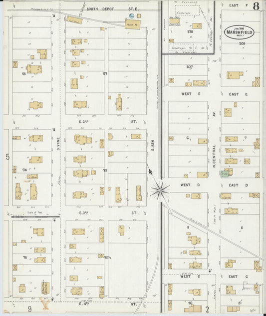 Sanborn Fire Insurance Map from Marshfield, Wood County, Wisconsin (1898), Sheet #0008 - Historic Sanborn Fire Insurance Map Print, vintage old map wall art, antique decor, genealogy gift, Wisconsin Wisconsin map