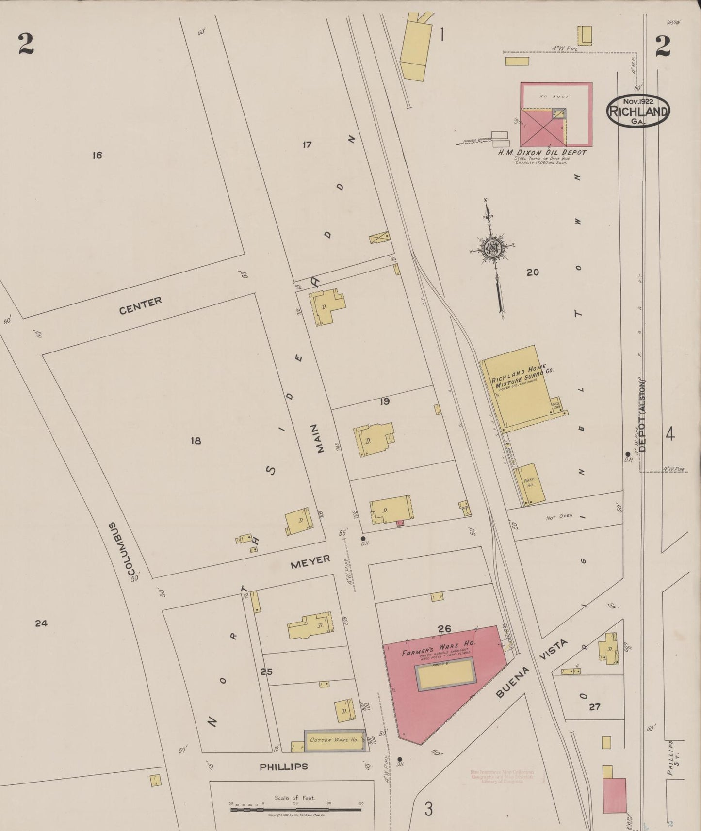 Sanborn Fire Insurance Map from Richland, Stewart County, Georgia (1922), Sheet #0002 - Historic Sanborn Fire Insurance Map Print, vintage old map wall art, antique decor, genealogy gift, Georgia Georgia map
