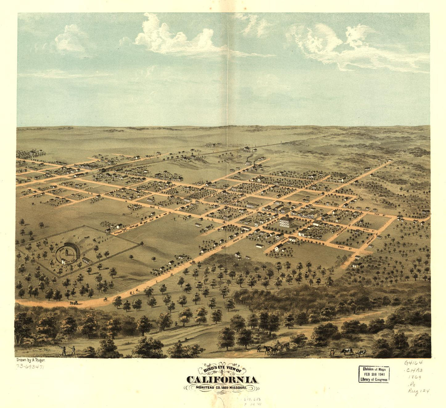 Bird's eye view of California, Moniteau Co., Missouri 1869. (1869) – Historic Bird’s-Eye View Panorama Print
