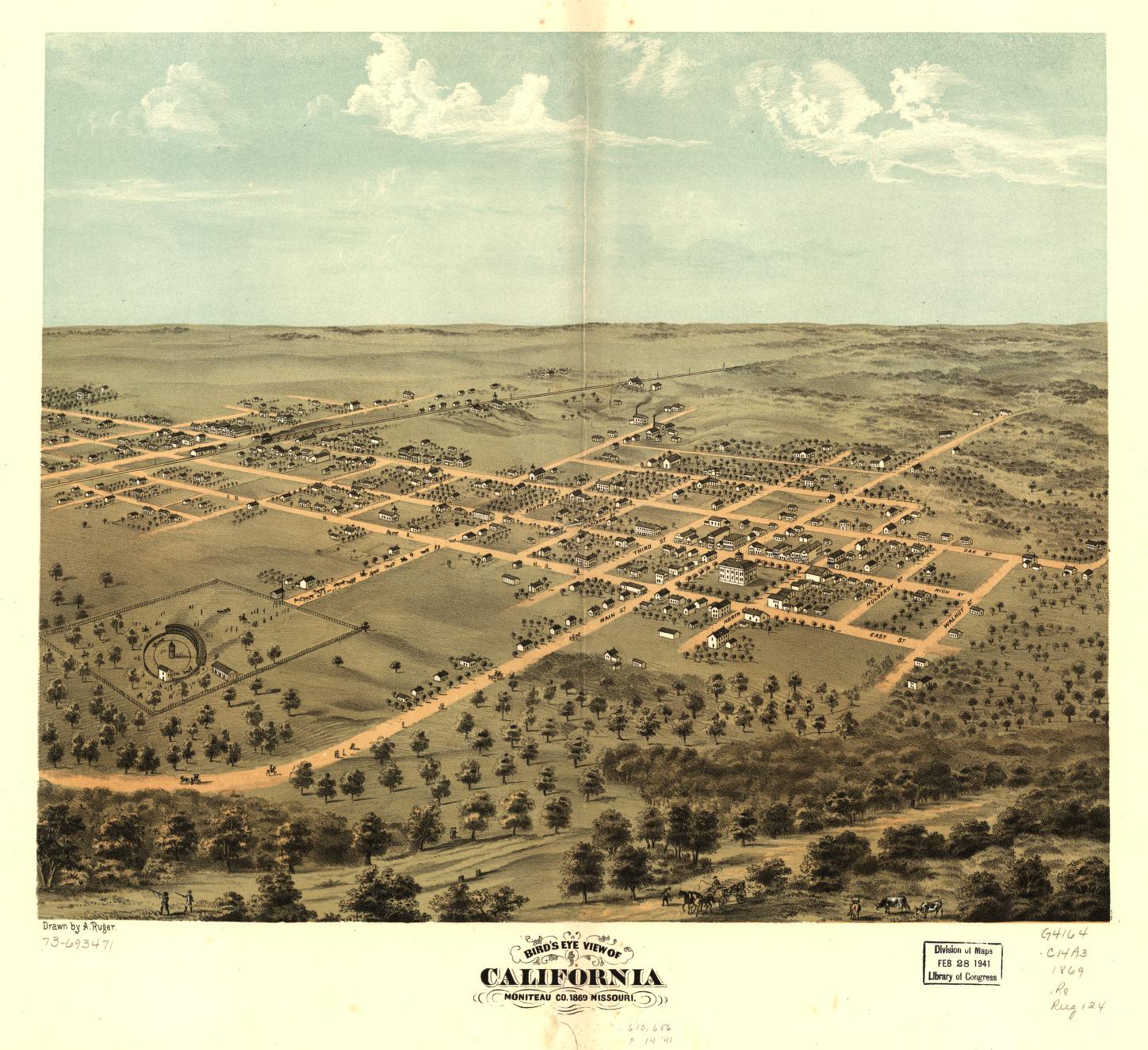 Bird's eye view of California, Moniteau Co., Missouri 1869. (1869) – Historic Bird’s-Eye View Panorama Print