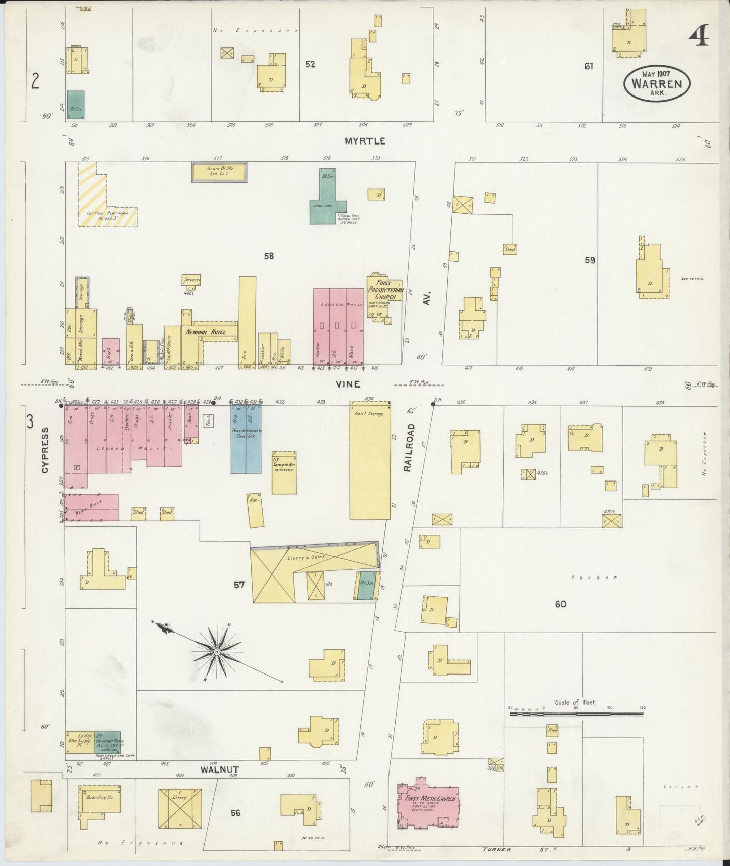 Sanborn Fire Insurance Map from Warren, Bradley County, Arkansas (1907), Sheet #0004 - Complete Map Set gallery image, historic Sanborn map, vintage wall art, Arkansas Arkansas
