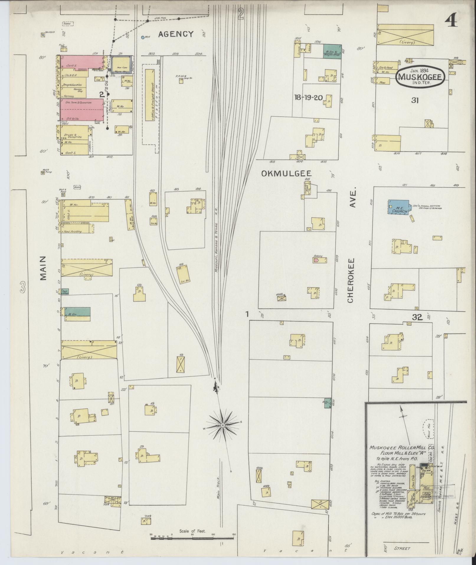 Sanborn Fire Insurance Map from Muskogee, Muskogee County, Oklahoma (1894), Sheet #0004 - Historic Sanborn Fire Insurance Map Print, vintage old map wall art, antique decor, genealogy gift, Oklahoma Oklahoma map