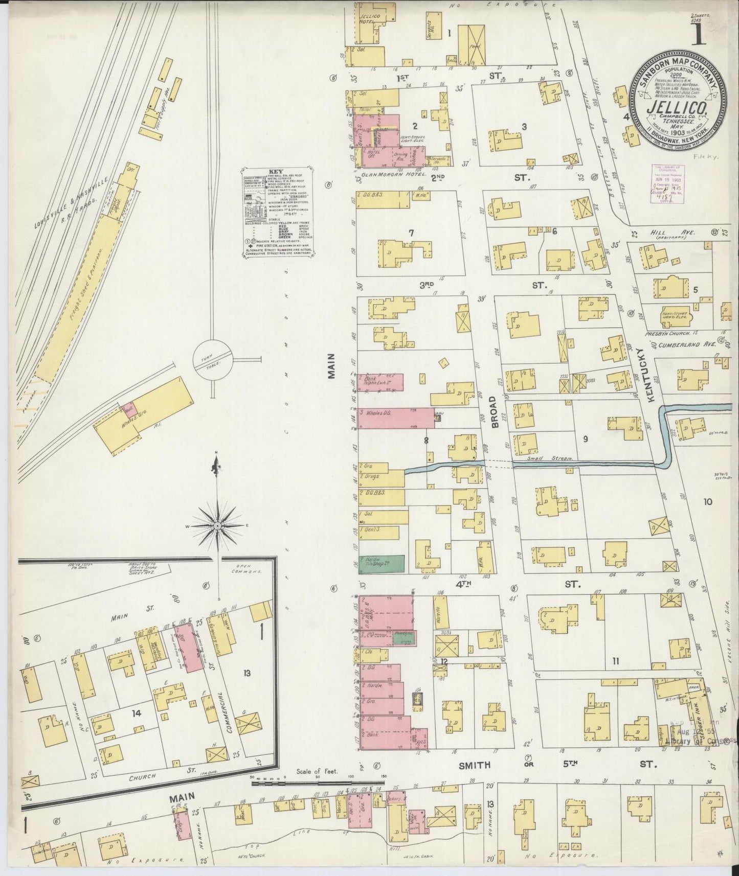Sanborn Fire Insurance Map from Jellico, Whitley County, Ky., and Campbell County, Tenna, Kentucky (1903), Sheet #0001 - Complete Map Set gallery image, historic Sanborn map, vintage wall art, Kentucky Kentucky