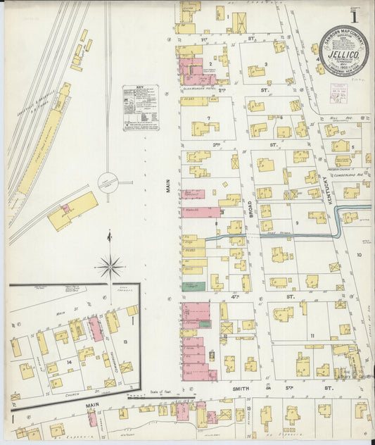 Sanborn Fire Insurance Map from Jellico, Whitley County, Ky., and Campbell County, Tenna, Kentucky (1903), Sheet #0001 - Complete Map Set gallery image, historic Sanborn map, vintage wall art, Kentucky Kentucky