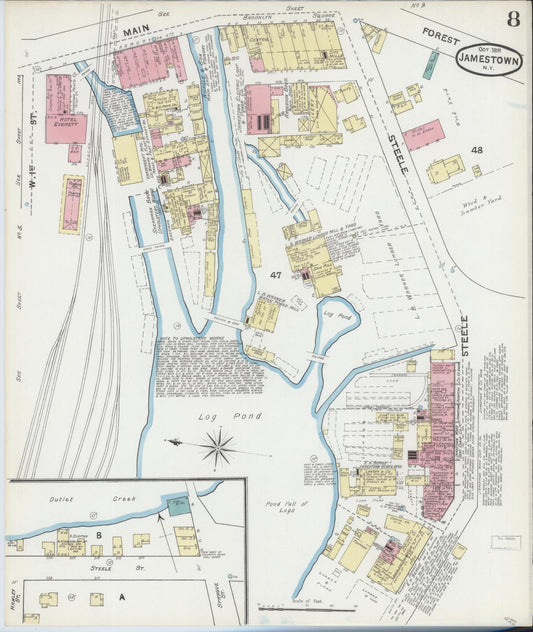 Sanborn Fire Insurance Map from Jamestown, Chautauqua County, New York (1891), Sheet #0008 - Historic Sanborn Fire Insurance Map Print, vintage old map wall art, antique decor, genealogy gift, New York New York map