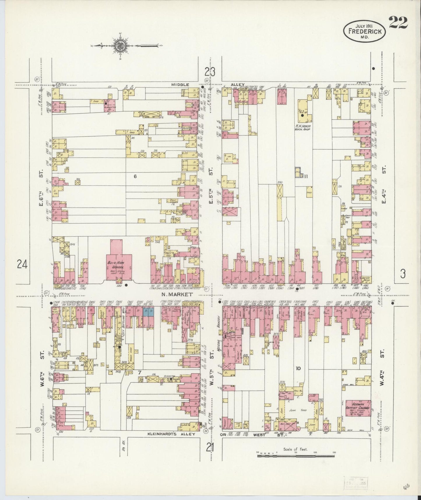 Sanborn Fire Insurance Map from Frederick, Frederick County, Maryland (1911), Sheet #0022 - Historic Sanborn Fire Insurance Map Print, vintage old map wall art, antique decor, genealogy gift, Maryland Maryland map
