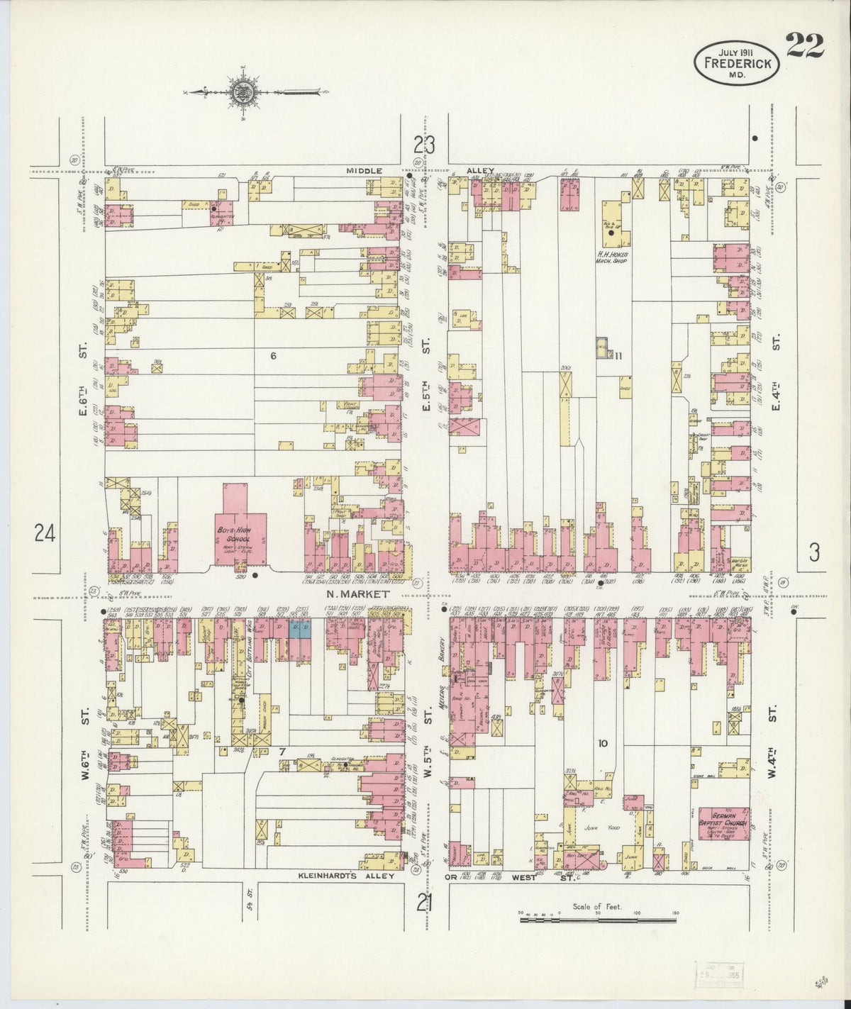 Sanborn Fire Insurance Map from Frederick, Frederick County, Maryland (1911), Sheet #0022 - Historic Sanborn Fire Insurance Map Print, vintage old map wall art, antique decor, genealogy gift, Maryland Maryland map