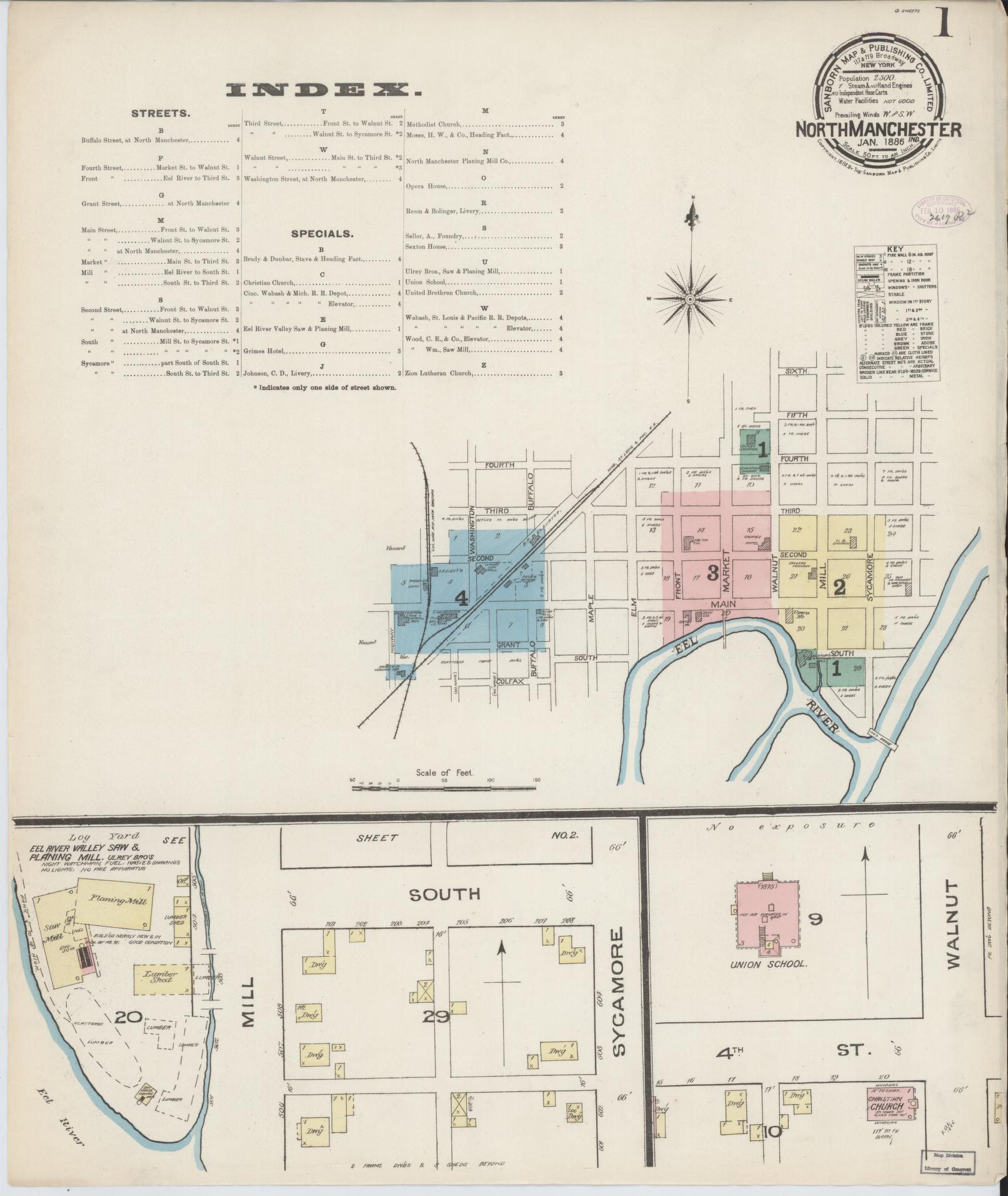 Sanborn Fire Insurance Map from North Manchester, Wabash County, Indiana (1886), Sheet #0001 - Historic Sanborn Fire Insurance Map Print, vintage old map wall art, antique decor, genealogy gift, Indiana Indiana map
