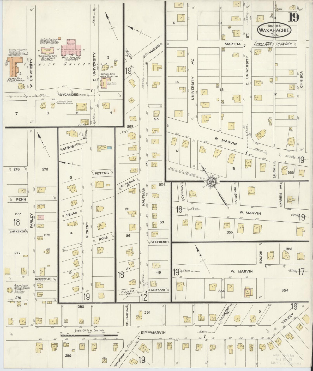 Sanborn Fire Insurance Map from Waxahachie, Ellis County, Texas (1914), Sheet #0019 - Complete Map Set gallery image, historic Sanborn map, vintage wall art, Texas Texas