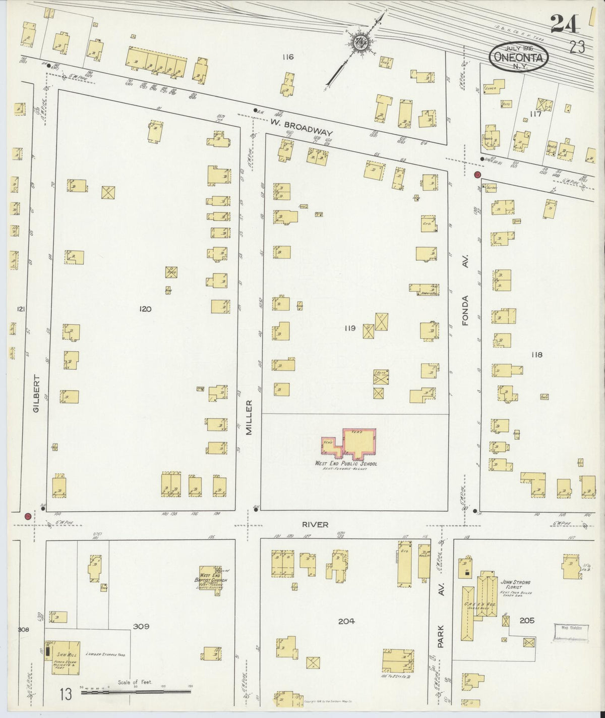 Sanborn Fire Insurance Map from Oneonta, Otsego County, New York (1916), Sheet #0024 - Historic Sanborn Fire Insurance Map Print, vintage old map wall art, antique decor, genealogy gift, New York New York map