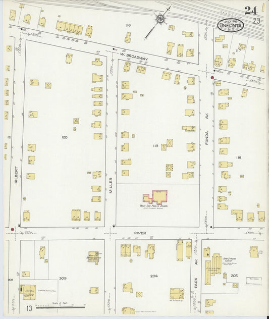 Sanborn Fire Insurance Map from Oneonta, Otsego County, New York (1916), Sheet #0024 - Historic Sanborn Fire Insurance Map Print, vintage old map wall art, antique decor, genealogy gift, New York New York map