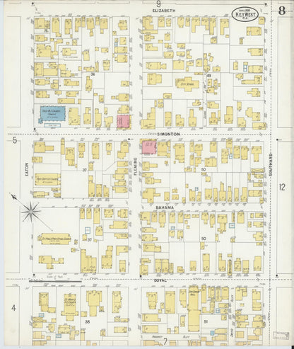 Sanborn Fire Insurance Map from Key West, Monroe County, Florida (1899), Sheet #0008 - Historic Sanborn Fire Insurance Map Print, vintage old map wall art, antique decor, genealogy gift, Florida Florida map