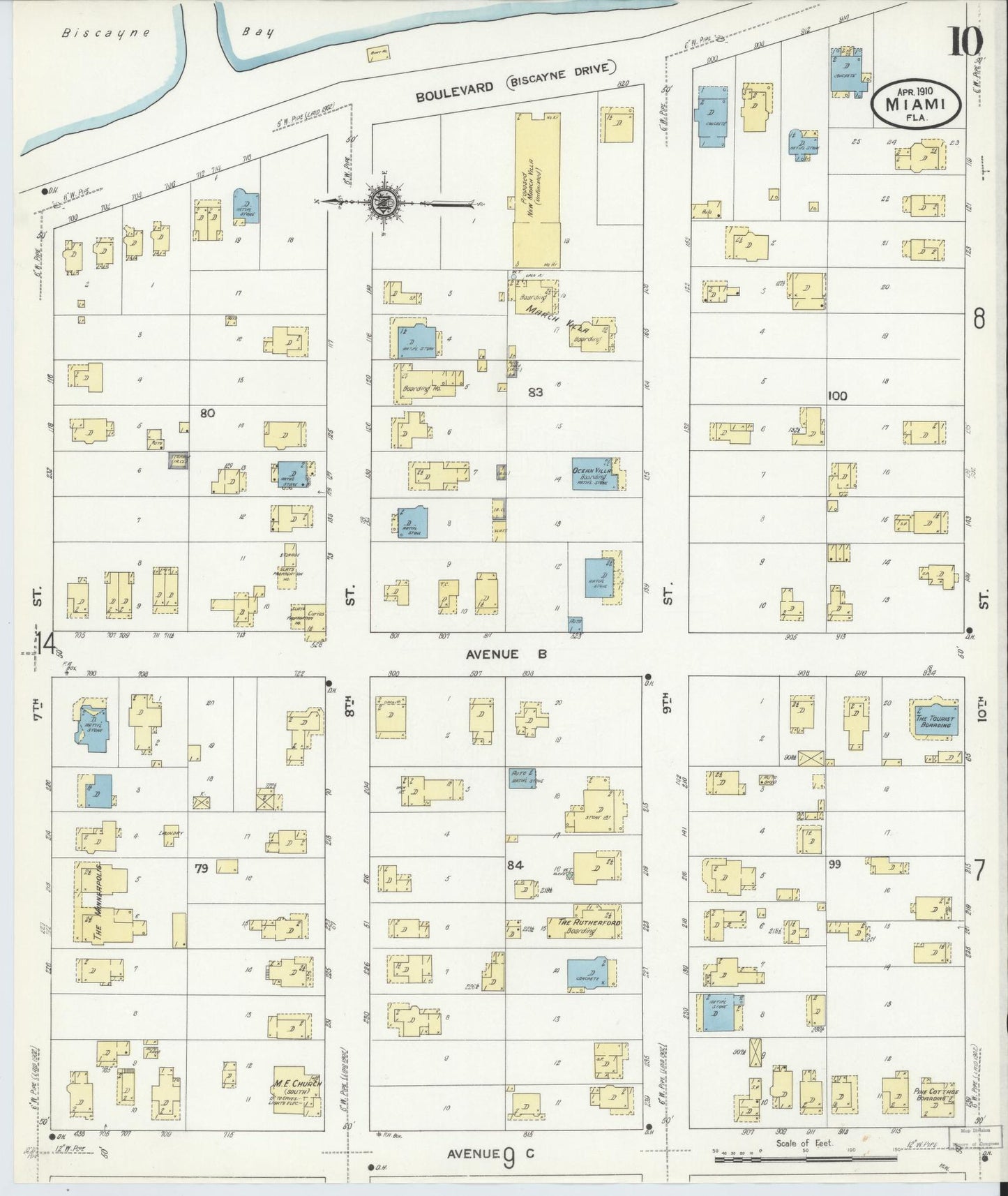 Sanborn Fire Insurance Map from Miami, Dade County, Florida (1910), Sheet #0010 - Complete Map Set gallery image, historic Sanborn map, vintage wall art, Florida Florida