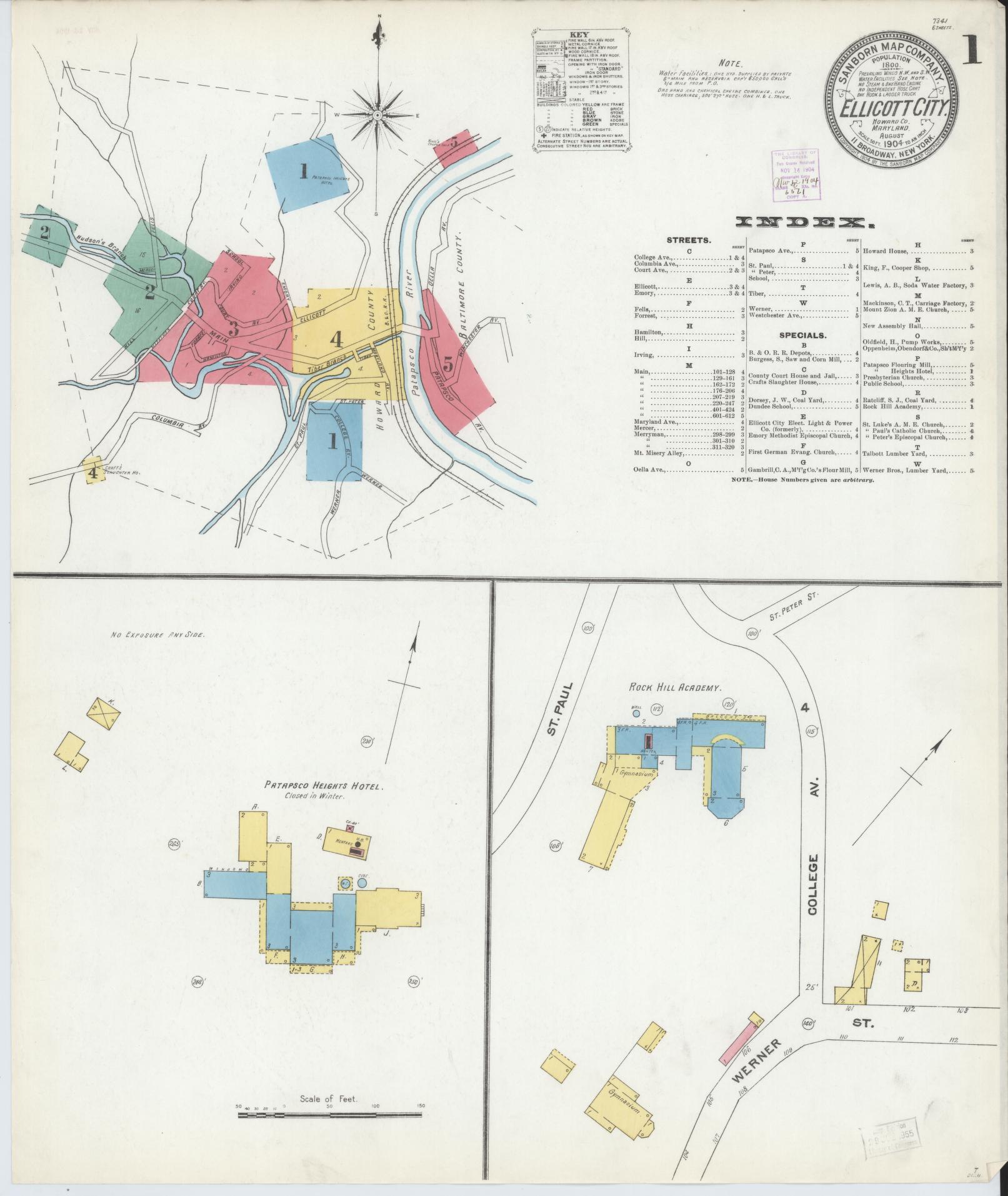 Sanborn Fire Insurance Map from Ellicott City, Howard County, Maryland (1904), Sheet #0001 - Historic Sanborn Fire Insurance Map Print, vintage old map wall art, antique decor, genealogy gift, Maryland Maryland map