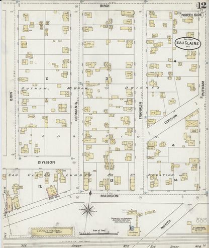 Sanborn Fire Insurance Map from Eau Claire, Eau Claire County, Wisconsin (1889), Sheet #0012 - Historic Sanborn Fire Insurance Map Print, vintage old map wall art, antique decor, genealogy gift, Wisconsin Wisconsin map