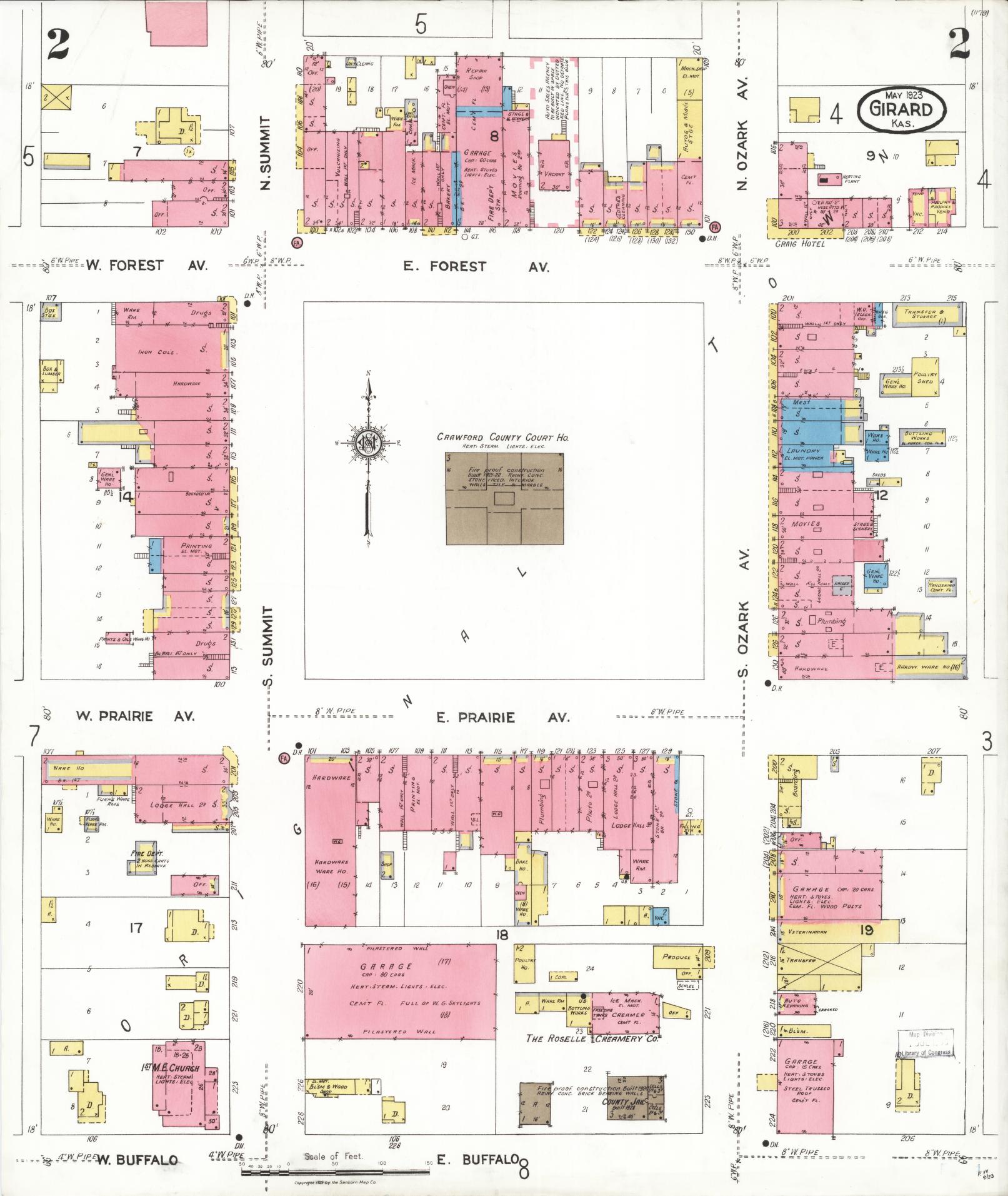 Sanborn Fire Insurance Map from Girard, Crawford County, Kansas (1923), Sheet #0002 - Complete Map Set gallery image, historic Sanborn map, vintage wall art, Kansas Kansas