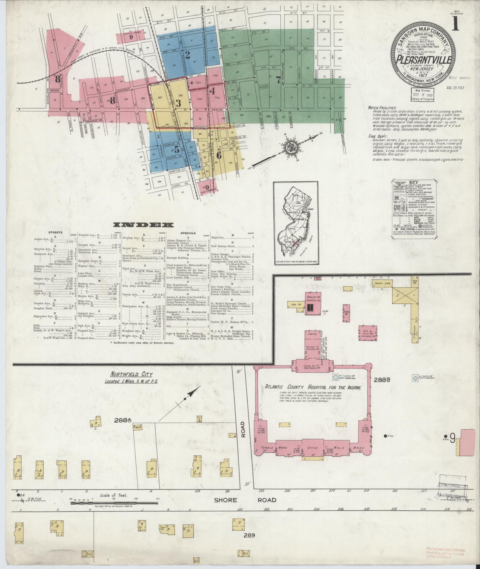 Sanborn Fire Insurance Map from Pleasantville, Atlantic County, New Jersey (1917), Sheet #0001 - Historic Sanborn Fire Insurance Map Print, vintage old map wall art, antique decor, genealogy gift, New Jersey New Jersey map