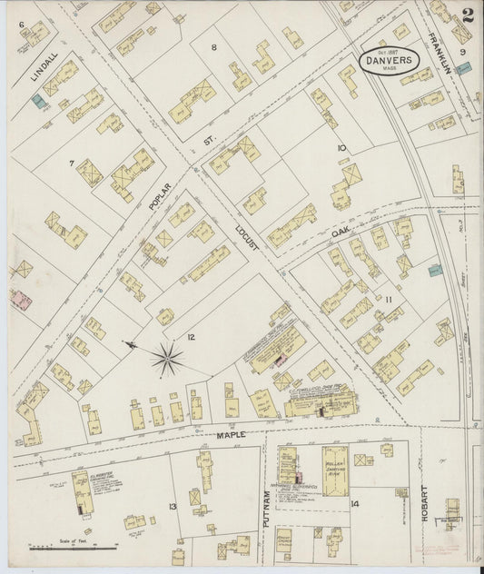Sanborn Fire Insurance Map from Danvers, Essex County, Massachusetts (1887), Sheet #0002 - Historic Sanborn Fire Insurance Map Print, vintage old map wall art, antique decor, genealogy gift, Massachusetts Massachusetts map