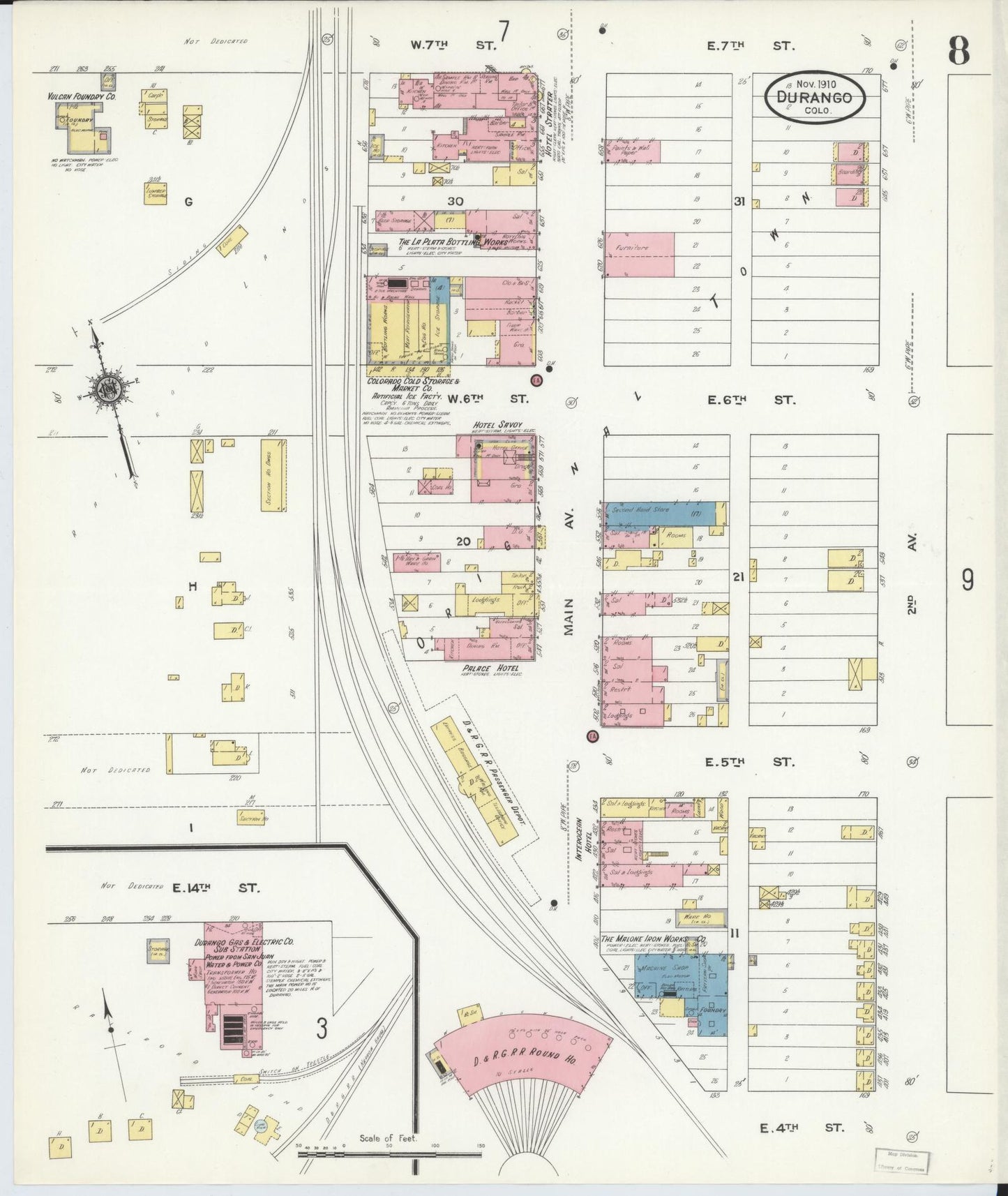 Sanborn Fire Insurance Map from Durango, La Plata County, Colorado (1910), Sheet #0008 - Historic Sanborn Fire Insurance Map Print, vintage old map wall art, antique decor, genealogy gift, Colorado Colorado map