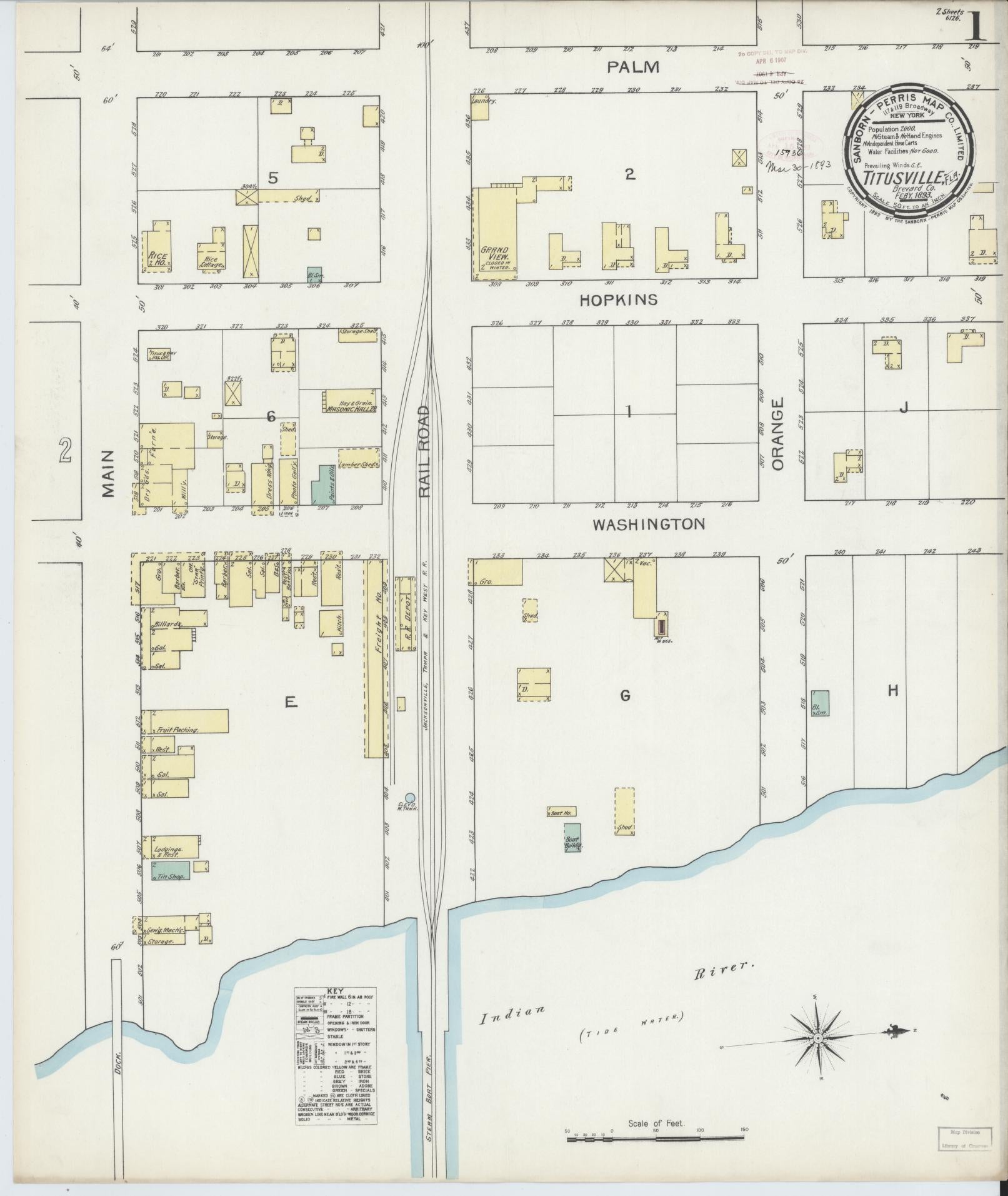 Sanborn Fire Insurance Map from Titusville, Brevard County, Florida (1893), Sheet #0001 - Historic Sanborn Fire Insurance Map Print, vintage old map wall art, antique decor, genealogy gift, Florida Florida map