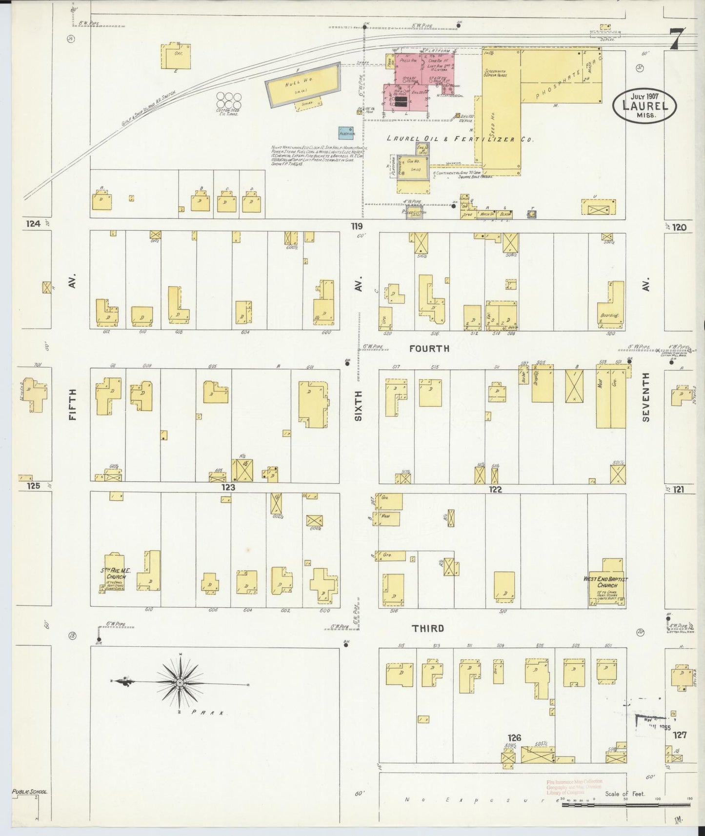 Sanborn Fire Insurance Map from Laurel, Jones County, Mississippi (1907), Sheet #0007 - Complete Map Set gallery image, historic Sanborn map, vintage wall art, Mississippi Mississippi