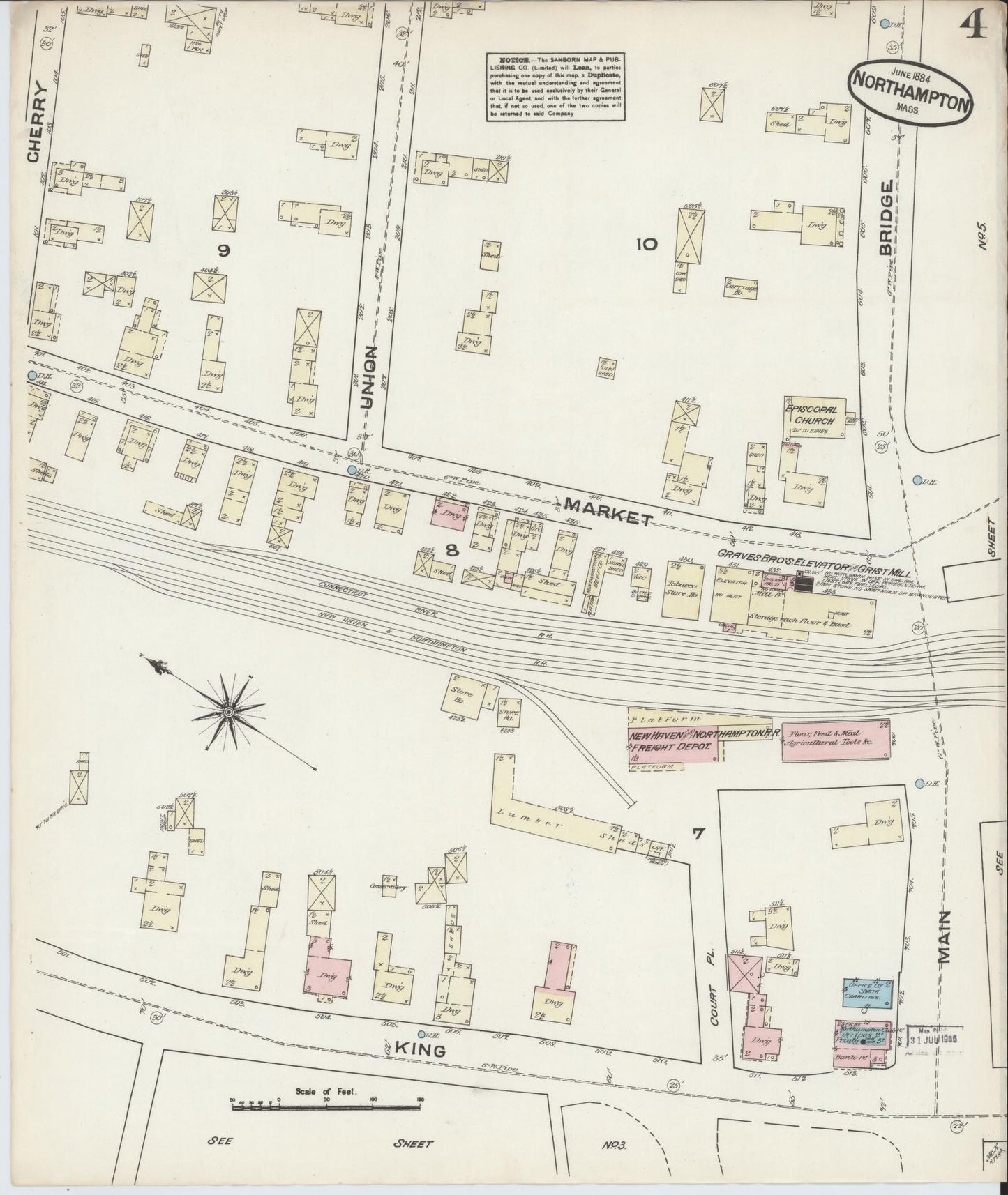 Sanborn Fire Insurance Map from Northampton, Hampshire County, Massachusetts (1884), Sheet #0004 - Complete Map Set gallery image, historic Sanborn map, vintage wall art, Massachusetts Massachusetts