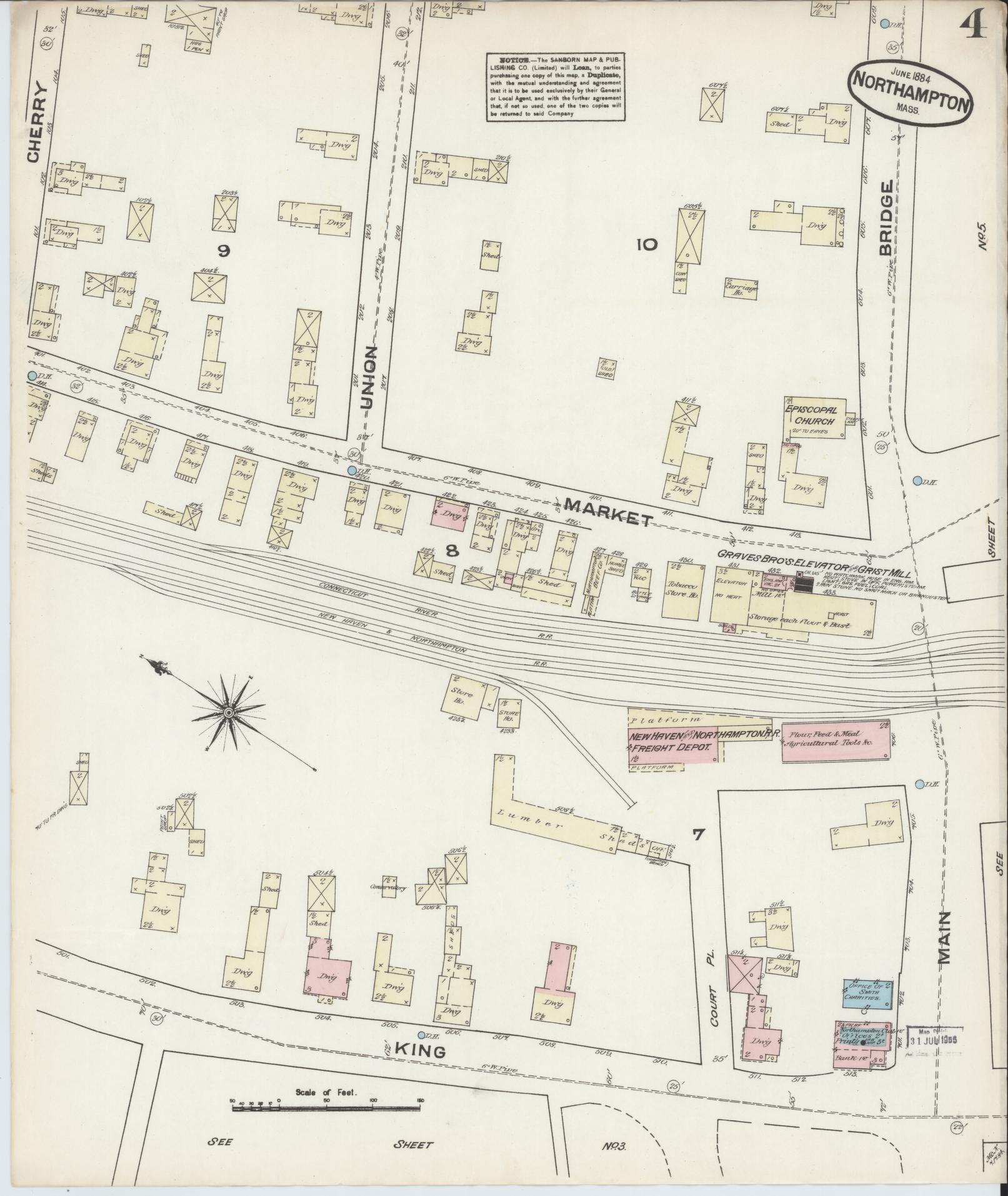 Sanborn Fire Insurance Map from Northampton, Hampshire County, Massachusetts (1884), Sheet #0004 - Complete Map Set gallery image, historic Sanborn map, vintage wall art, Massachusetts Massachusetts