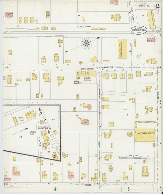 Sanborn Fire Insurance Map from Greeneville, Greene County, Tennessee (1903), Sheet #0002 - Historic Sanborn Fire Insurance Map Print, vintage old map wall art, antique decor, genealogy gift, Tennessee Tennessee map