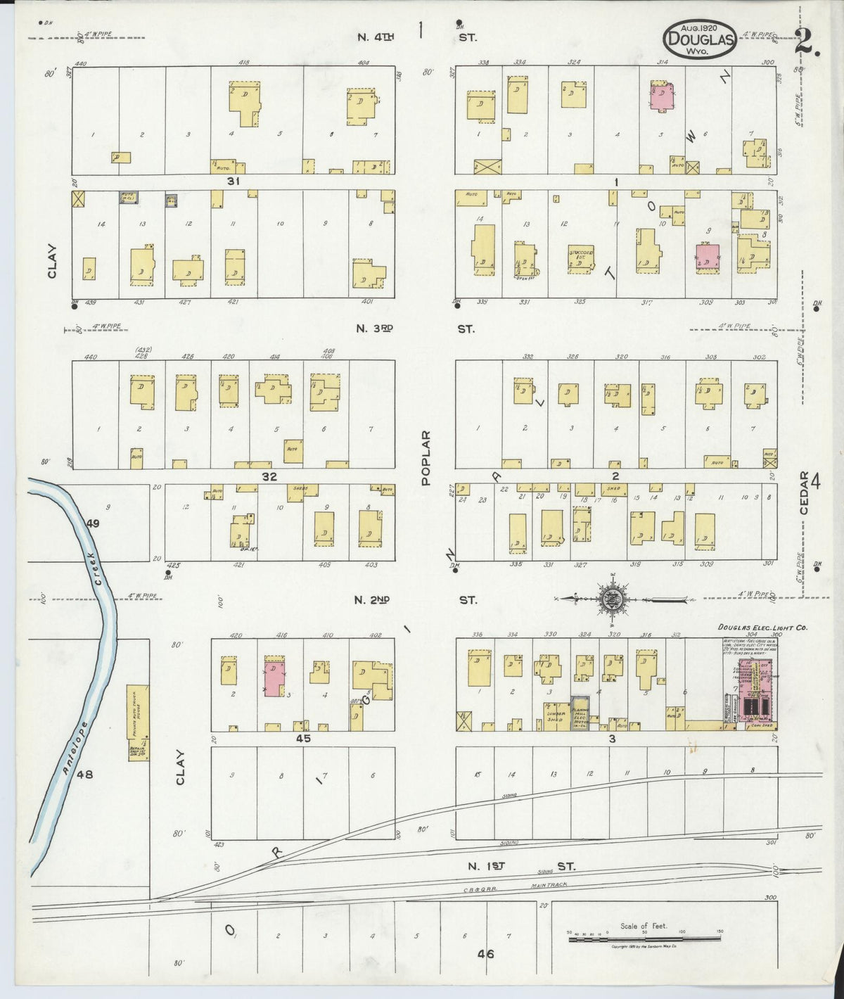 Sanborn Fire Insurance Map from Douglas, Converse County, Wyoming (1920), Sheet #0002 - Historic Sanborn Fire Insurance Map Print, vintage old map wall art, antique decor, genealogy gift, Wyoming Wyoming map