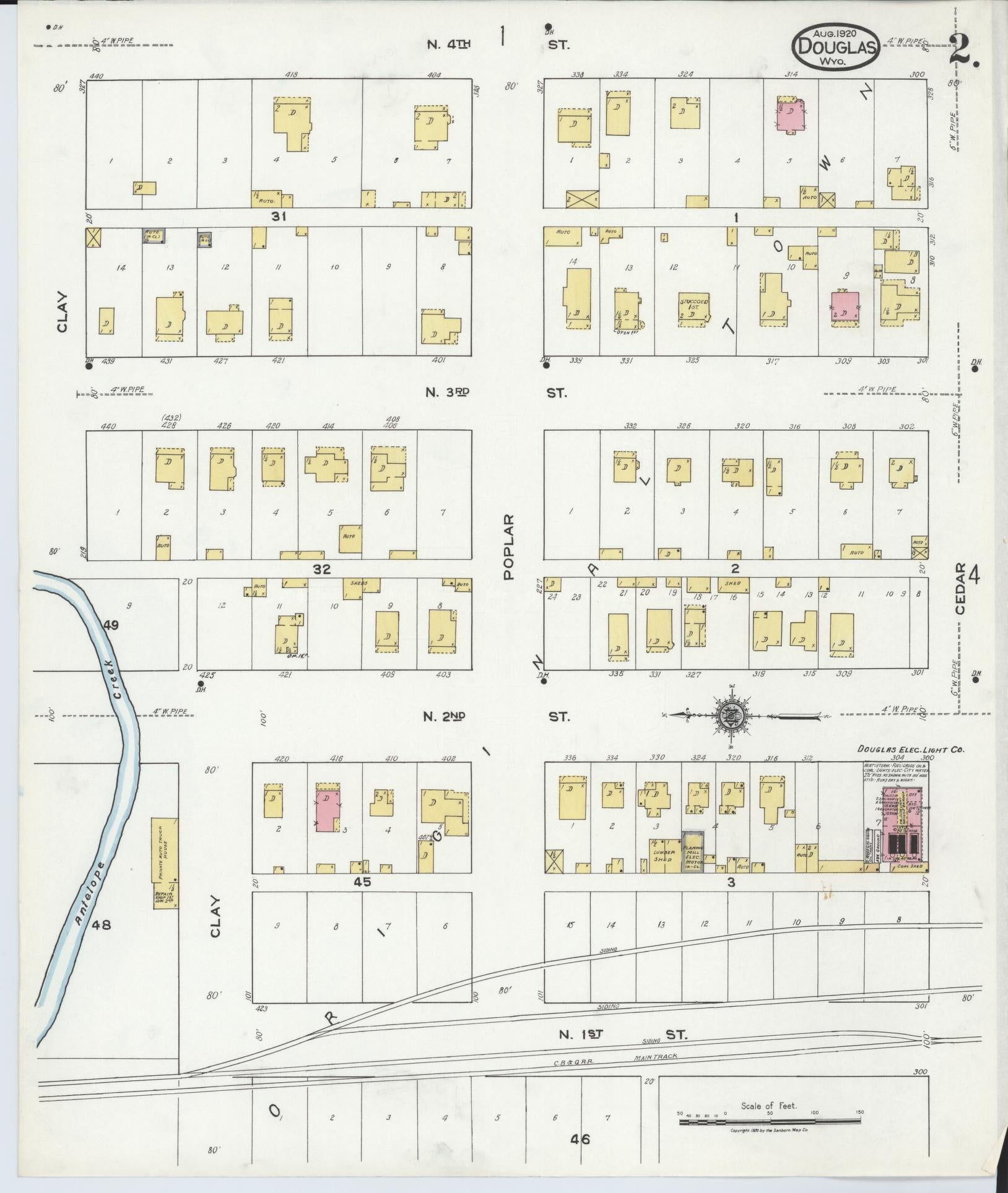 Sanborn Fire Insurance Map from Douglas, Converse County, Wyoming (1920), Sheet #0002 - Historic Sanborn Fire Insurance Map Print, vintage old map wall art, antique decor, genealogy gift, Wyoming Wyoming map