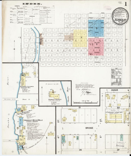 Sanborn Fire Insurance Map from Humboldt, Allen County, Kansas (1888), Sheet #0001 - Historic Sanborn Fire Insurance Map Print, vintage old map wall art, antique decor, genealogy gift, Kansas Kansas map
