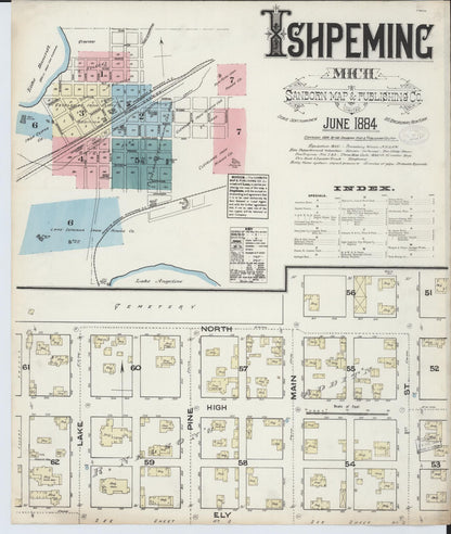 Sanborn Fire Insurance Map from Ishpeming, Marquette County, Michigan (1884), Sheet #0001 - Historic Sanborn Fire Insurance Map Print, vintage old map wall art, antique decor, genealogy gift, Michigan Michigan map