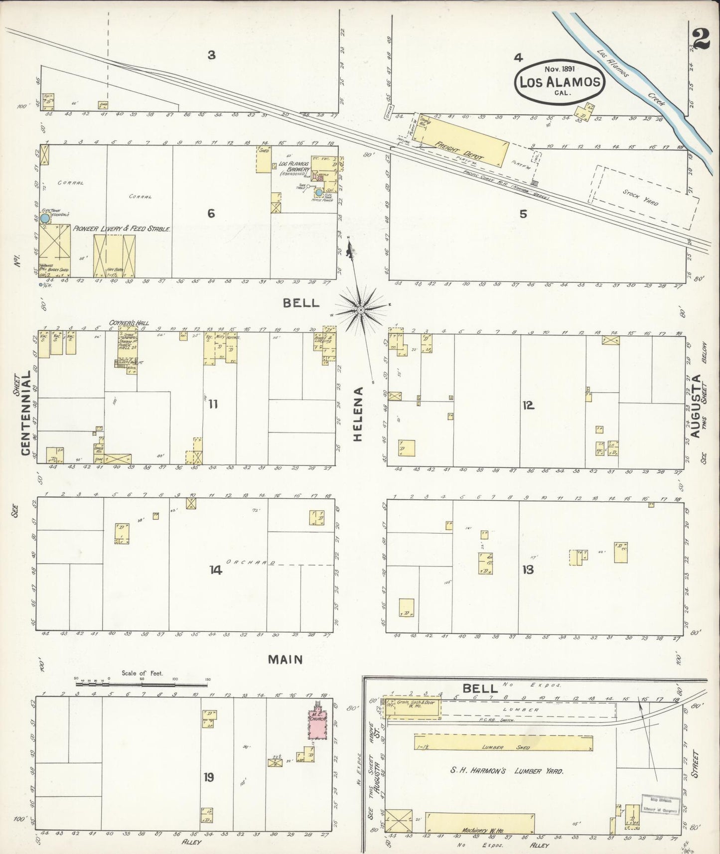 Sanborn Fire Insurance Map from Los Alamos, Santa Barbara County, California (1891), Sheet #0002 - Historic Sanborn Fire Insurance Map Print, vintage old map wall art, antique decor, genealogy gift, California California map