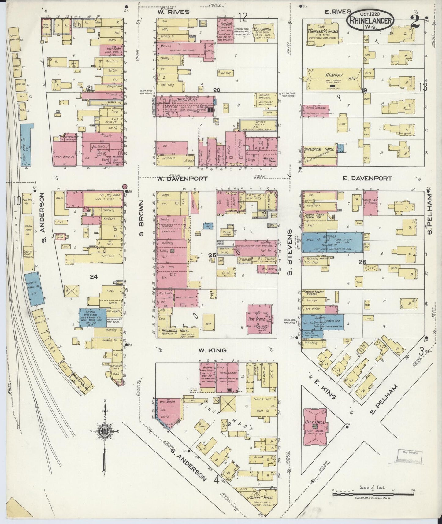 Sanborn Fire Insurance Map from Rhinelander, Oneida County, Wisconsin (1920), Sheet #0002 - Historic Sanborn Fire Insurance Map Print, vintage old map wall art, antique decor, genealogy gift, Wisconsin Wisconsin map