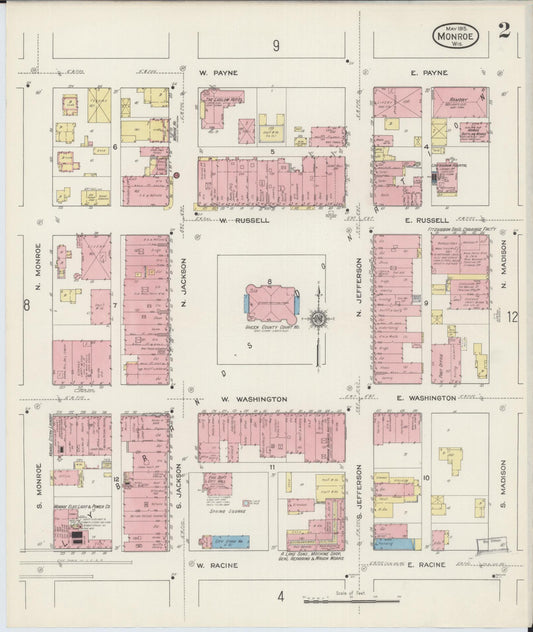 Sanborn Fire Insurance Map from Monroe, Green County, Wisconsin (1915), Sheet #0002 - Historic Sanborn Fire Insurance Map Print, vintage old map wall art, antique decor, genealogy gift, Wisconsin Wisconsin map