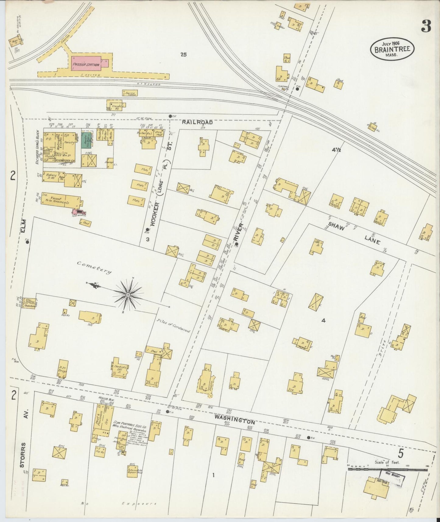 Sanborn Fire Insurance Map from Braintree, Norfolk County, Massachusetts (1906), Sheet #0003 - Complete Map Set gallery image, historic Sanborn map, vintage wall art, Massachusetts Massachusetts