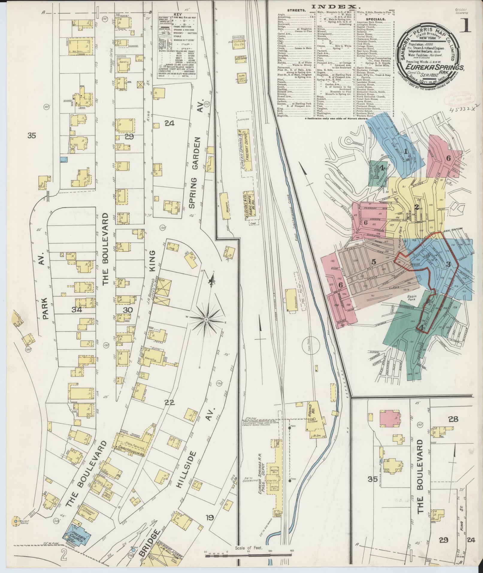 Sanborn Fire Insurance Map from Eureka Springs, Carroll County, Arkansas (1892), Sheet #0001 - Historic Sanborn Fire Insurance Map Print, vintage old map wall art, antique decor, genealogy gift, Arkansas Arkansas map