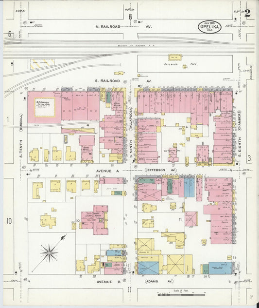 Sanborn Fire Insurance Map from Opelika, Lee County, Alabama (1909), Sheet #0002 - Historic Sanborn Fire Insurance Map Print, vintage old map wall art, antique decor, genealogy gift, Alabama Alabama map