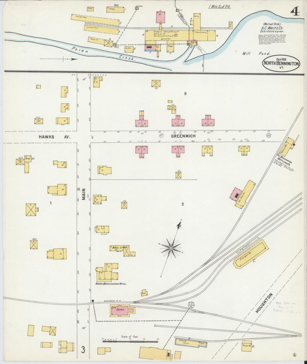 Sanborn Fire Insurance Map from North Bennington, Bennington County, Vermont (1901), Sheet #0004 - Historic Sanborn Fire Insurance Map Print, vintage old map wall art, antique decor, genealogy gift, Vermont Vermont map
